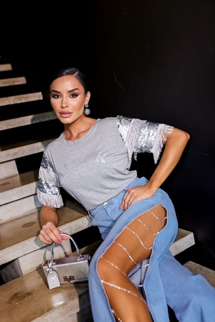 RENATA Metal Chain Side Slit Flare Denim Pants