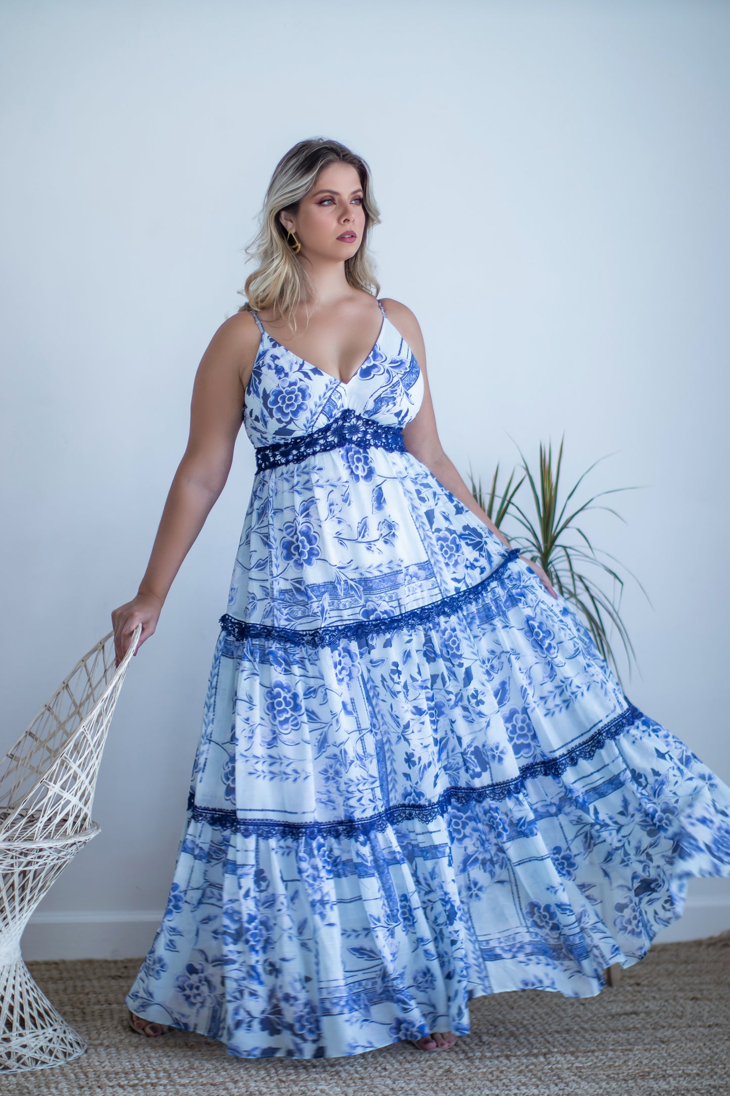 AVERY Blue Floral Romantic Tiered Maxi Dress