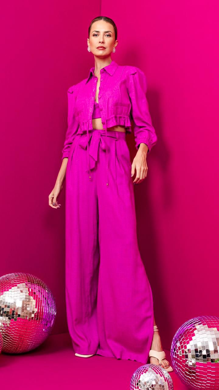 URSULA Three-Piece Set Cropped Top + Long Sleeve Blouse + Flare Pants