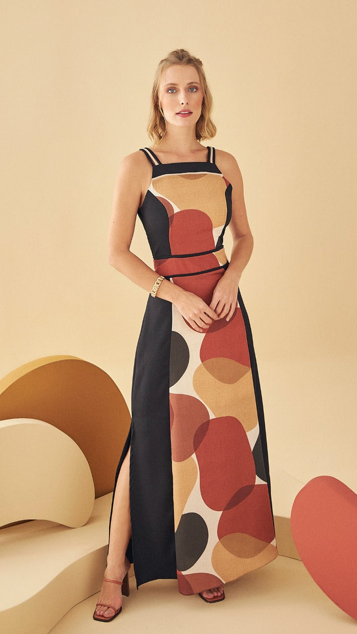 OLENA Abstract Print Double-Sided Slit Maxi Dress