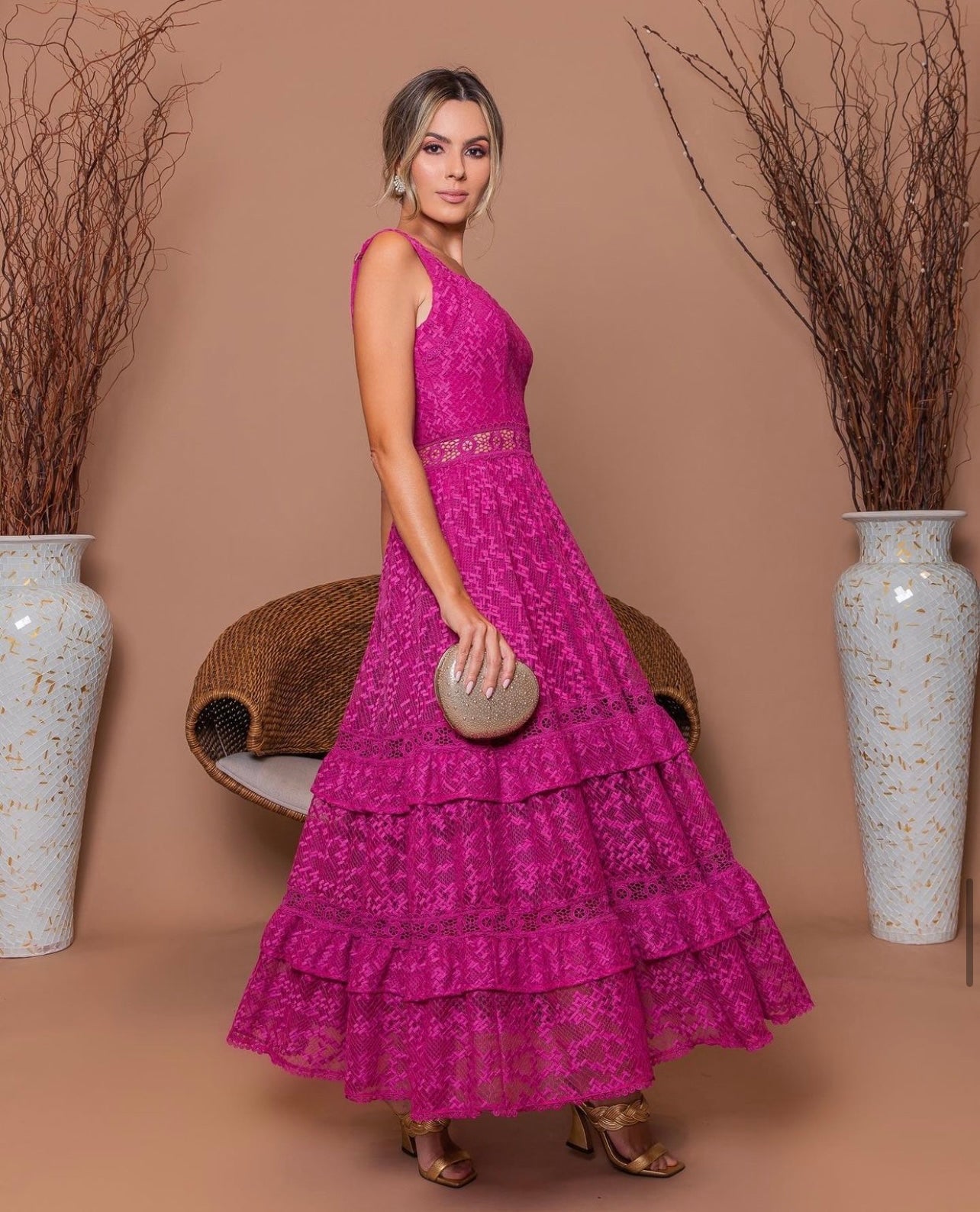 SABRINA Sweetheart Neck Pink Lace Tiered Midi Dres