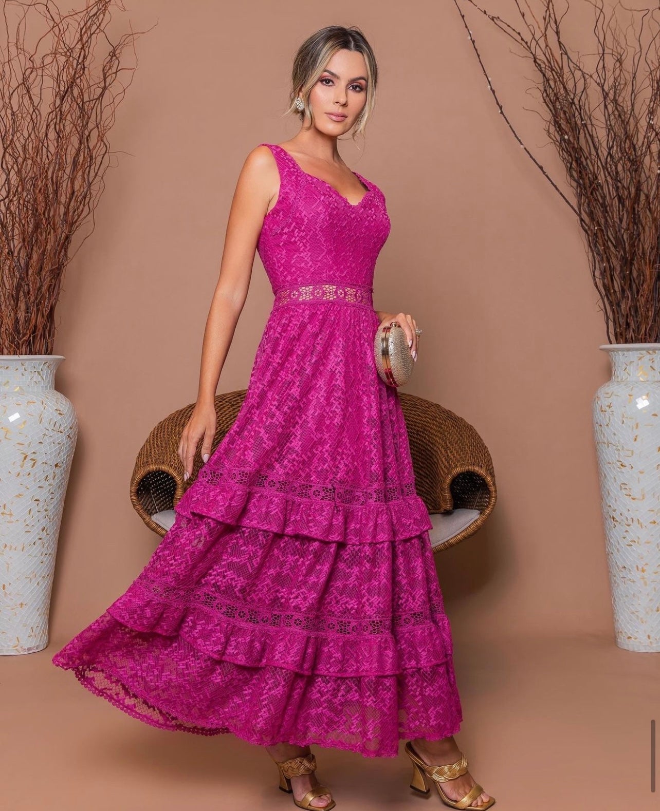 SABRINA Sweetheart Neck Pink Lace Tiered Midi Dres