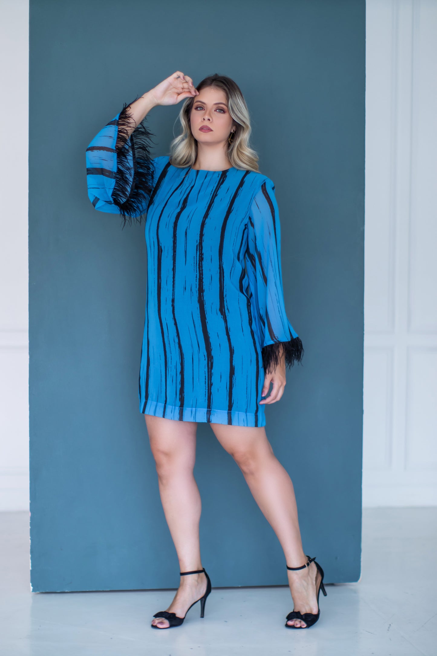 SADIE Long Bell Sleeve Feather Wrist Mini Dress