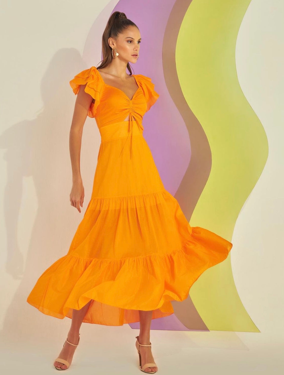 UMA Sweetheart Neck Ruffled Sleeves Tiered Maxi Dress - FINAL SALE