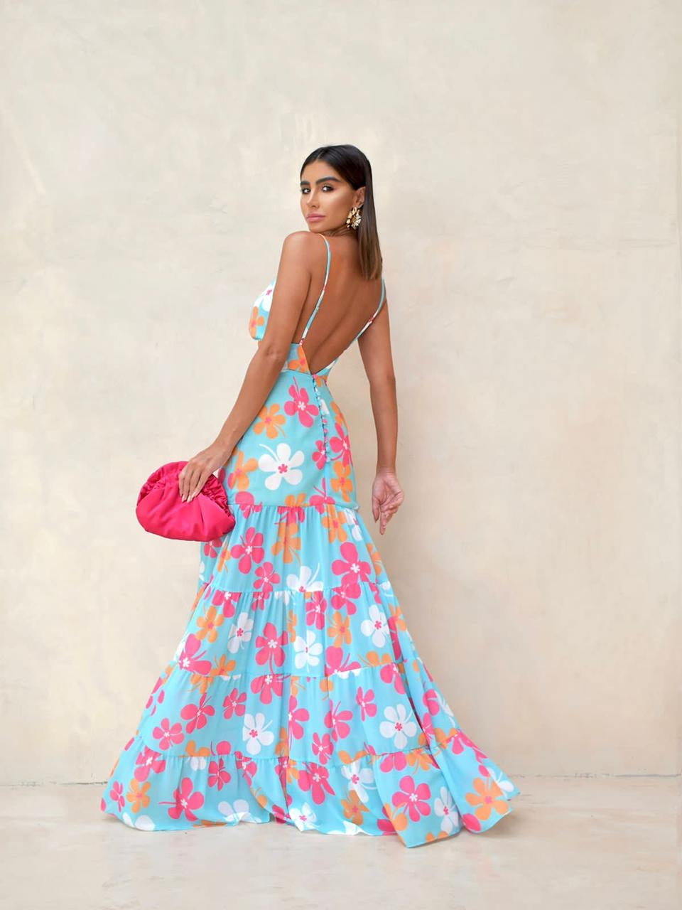 VIVIAN Backless V-Neck Spaghetti Strap Floral Maxi Dress - FINAL DRESS