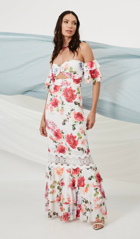 ELLA Floral Print Shoulder-to-Shoulder Maxi Dress