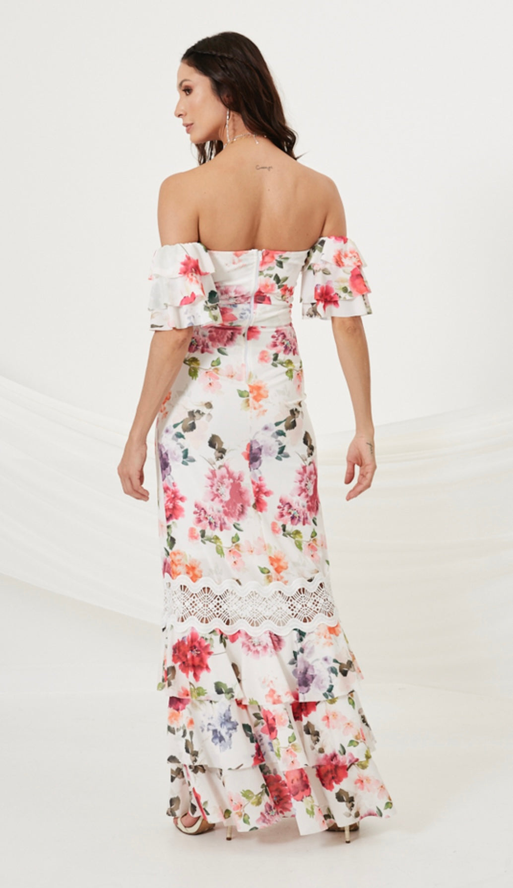 ELLA Floral Print Shoulder-to-Shoulder Maxi Dress