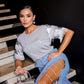 RENATA Metal Chain Side Slit Flare Denim Pants