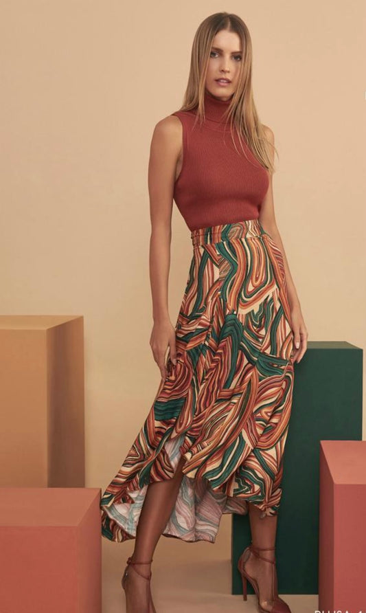 GISELLE Abstract Print Asymmetrical Midi Skirt - FINAL SALE