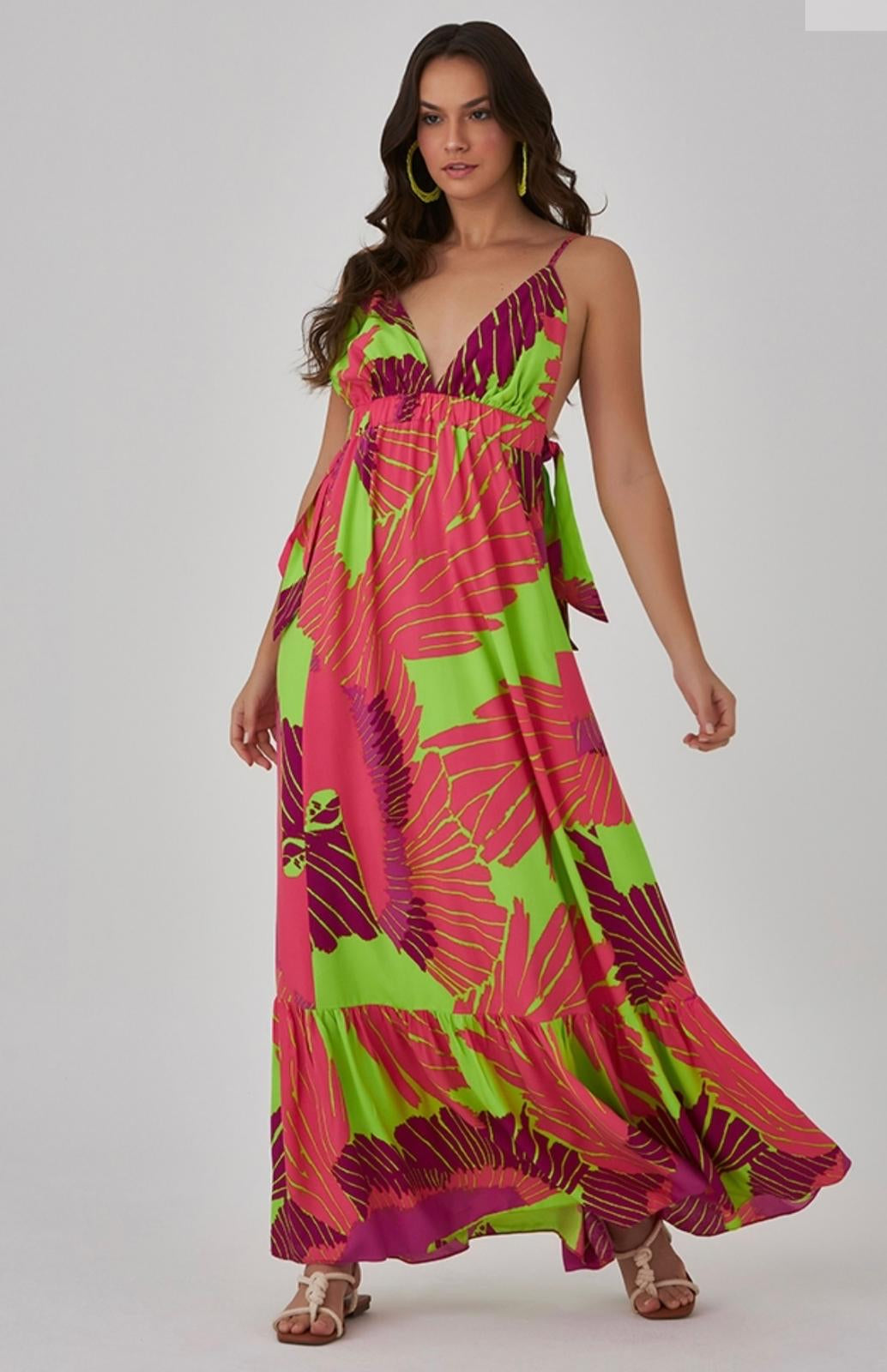 GRACE Tropical Backless Halter Neck Plunge Maxi Dress - FINAL SALE