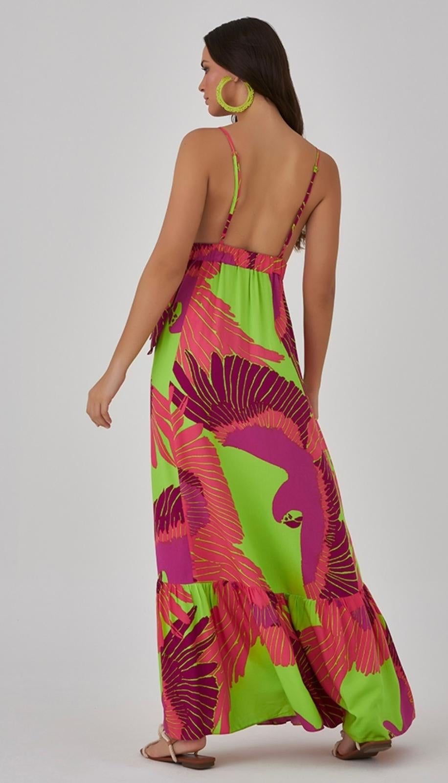 GRACE Tropical Backless Halter Neck Plunge Maxi Dress - FINAL SALE