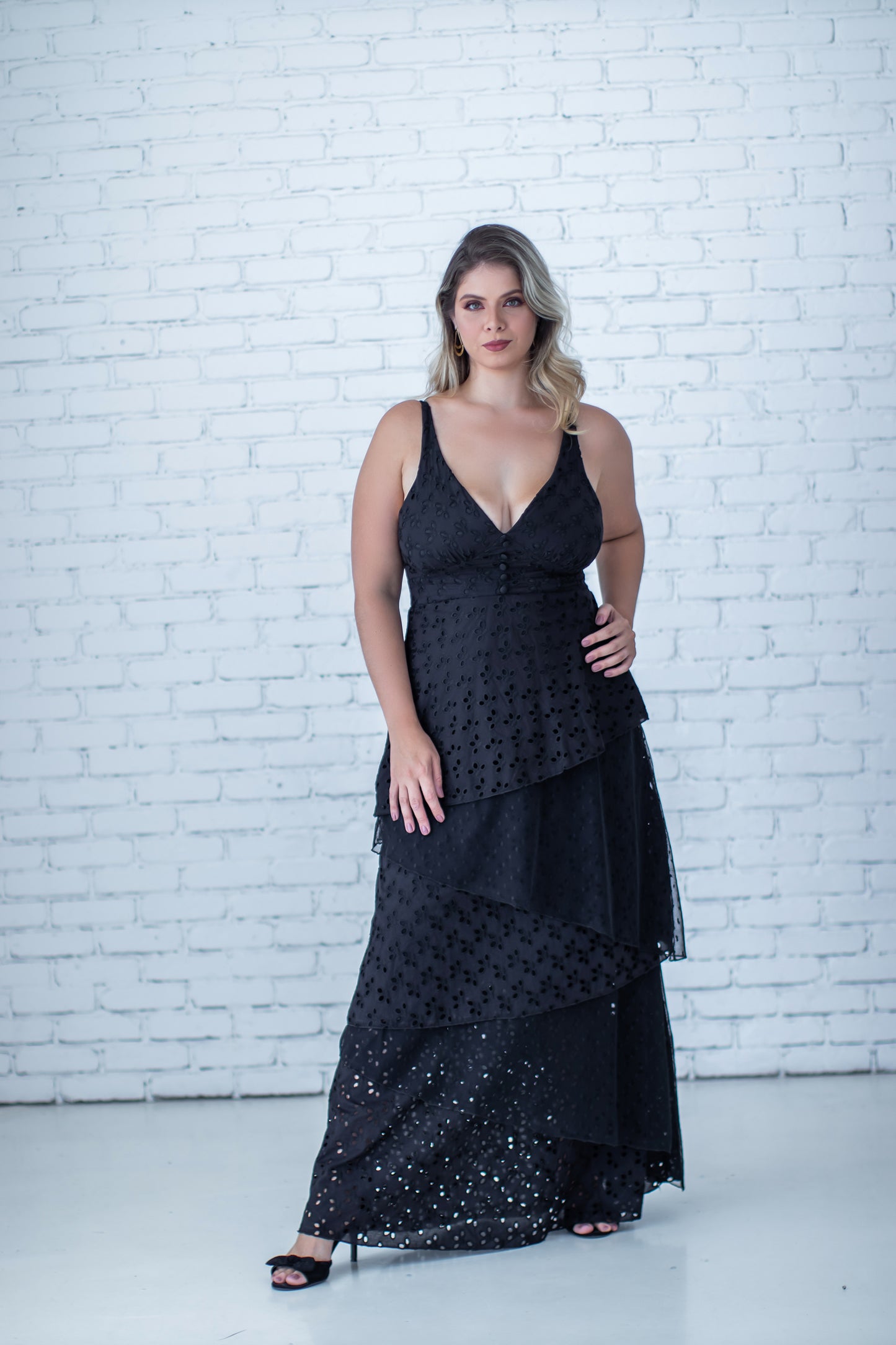 LOLA Eyelet V-Neck Layered Maxi Dress