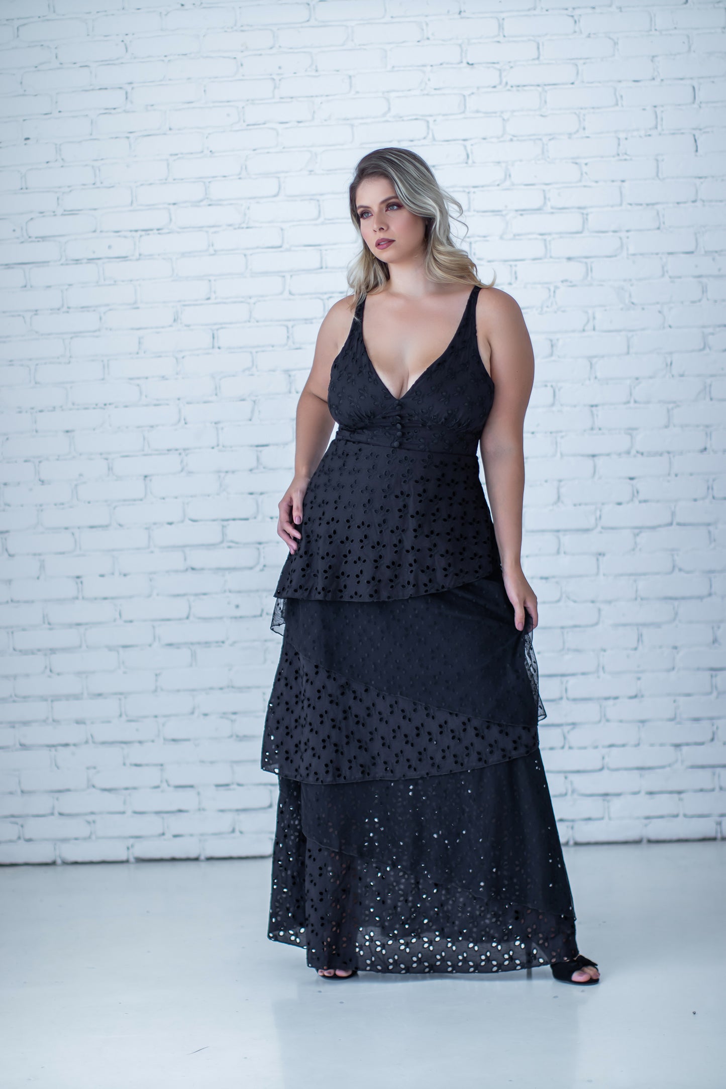LOLA Eyelet V-Neck Layered Maxi Dress