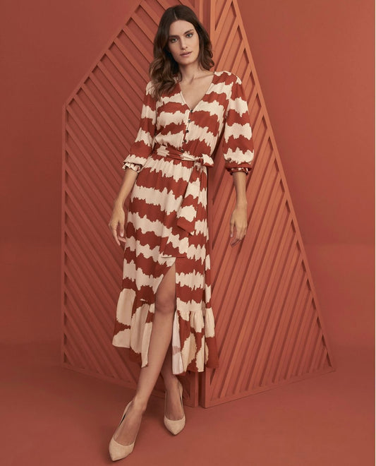 MICHELLE Abstract Pattern V-Neck Waistband Midi Dress - FINAL SALE