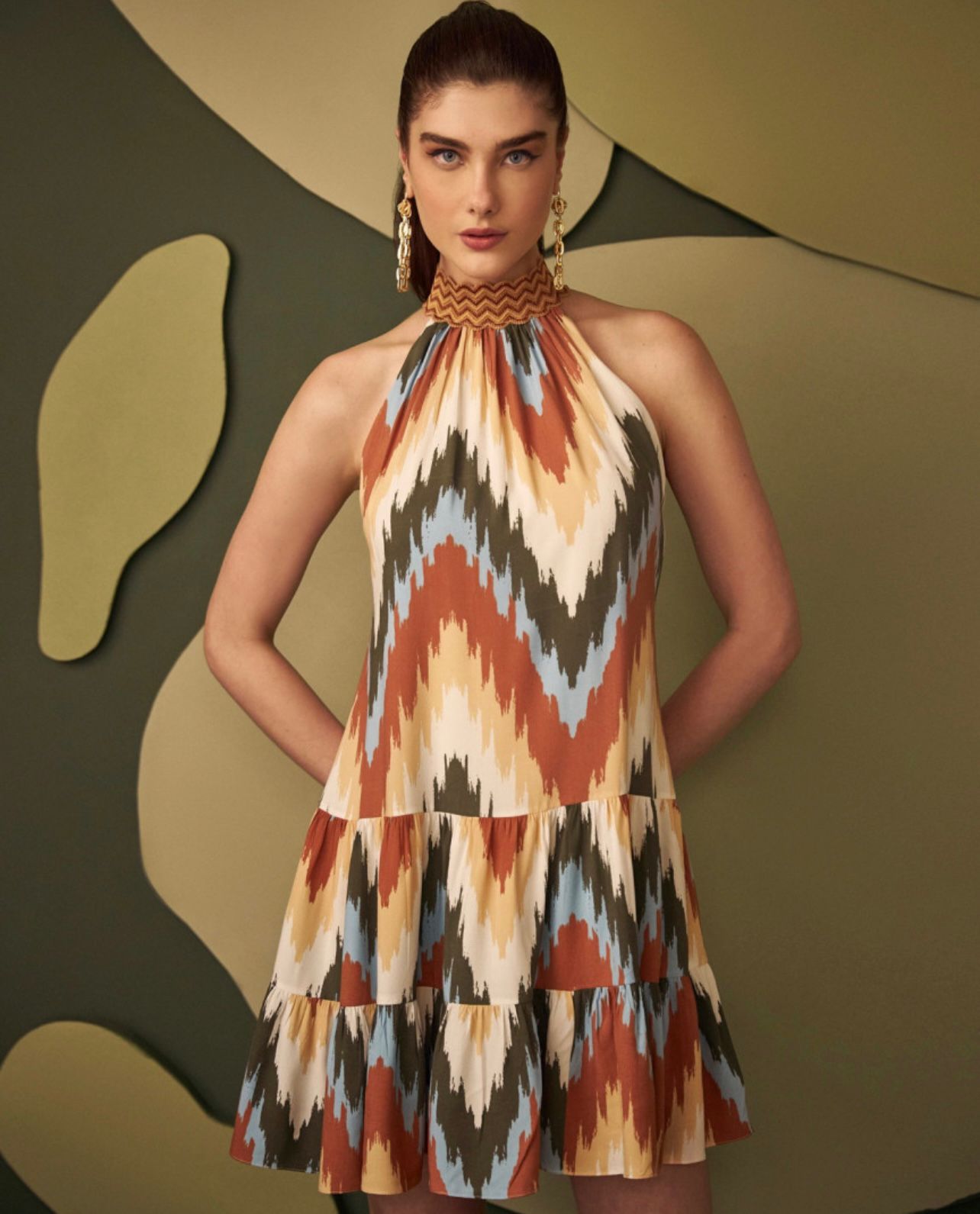 MAXINE Abstract Print Halter Tiered Mini Dress