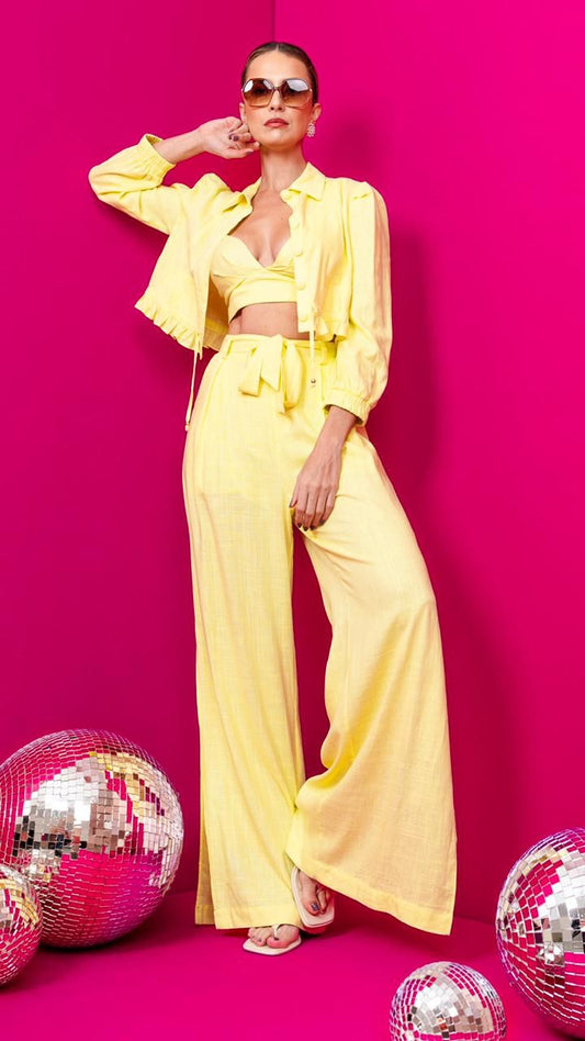 URSULA Three-Piece Set Cropped Top + Long Sleeve Blouse + Flare Pants