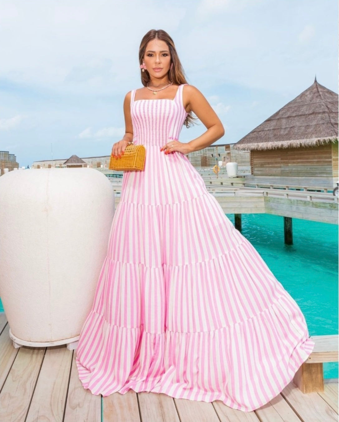 OLIVIA Square-Neck Striped Tiered Maxi Dress - FINAL SALE