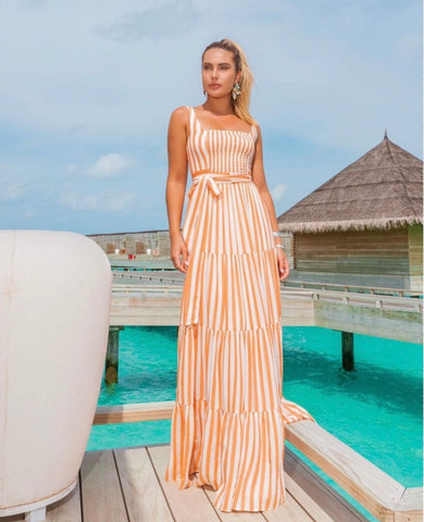 OLIVIA Square-Neck Striped Tiered Maxi Dress - FINAL SALE