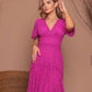 PAMELA Asymmetric V-Neck Bell Sleeve Lace Midi Dress