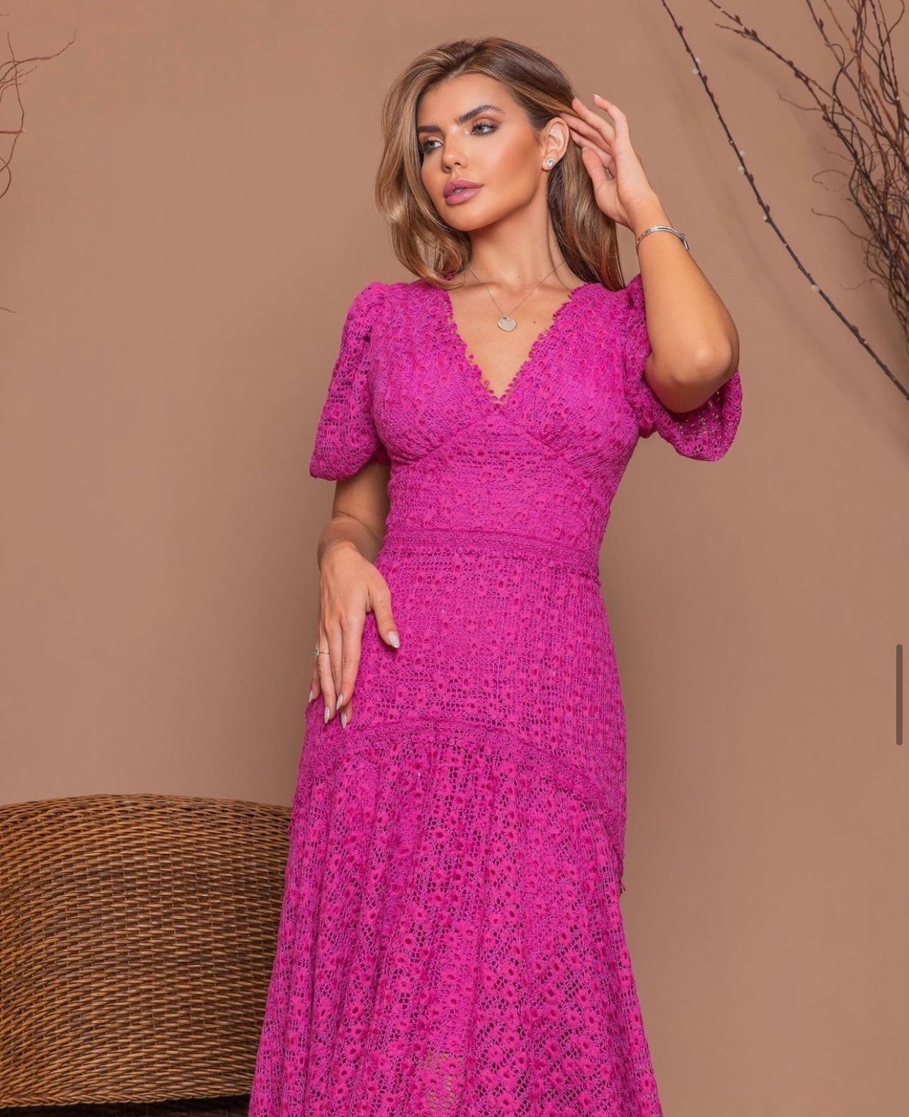 PAMELA Asymmetric V-Neck Bell Sleeve Lace Midi Dress