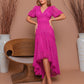 PAMELA Asymmetric V-Neck Bell Sleeve Lace Midi Dress