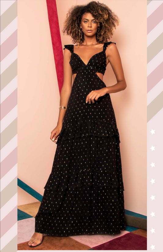 PAULA Double-Sided Cut Out Queen Anne Neckline Layered Maxi Dress