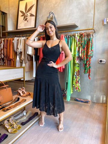 ROCHELLE Sleeveless V-Neck Sheer Black Midi Dress