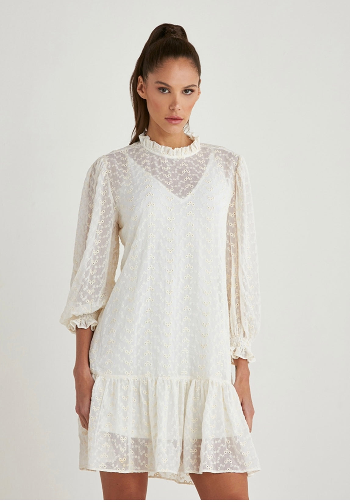 VALENTINE Ruffled Neck Bishop Sleeves Sheer Off-White Mini Dress - FINAL SALE