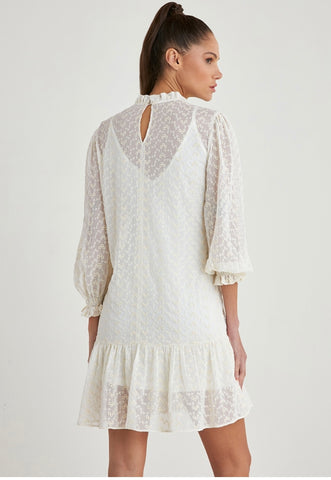VALENTINE Ruffled Neck Bishop Sleeves Sheer Off-White Mini Dress - FINAL SALE