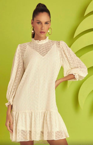 VALENTINE Ruffled Neck Bishop Sleeves Sheer Off-White Mini Dress - FINAL SALE