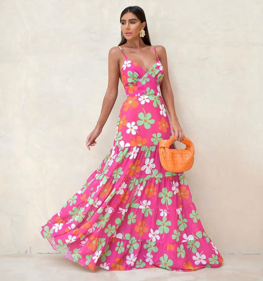 VIVIAN Backless V-Neck Spaghetti Strap Floral Maxi Dress - FINAL DRESS