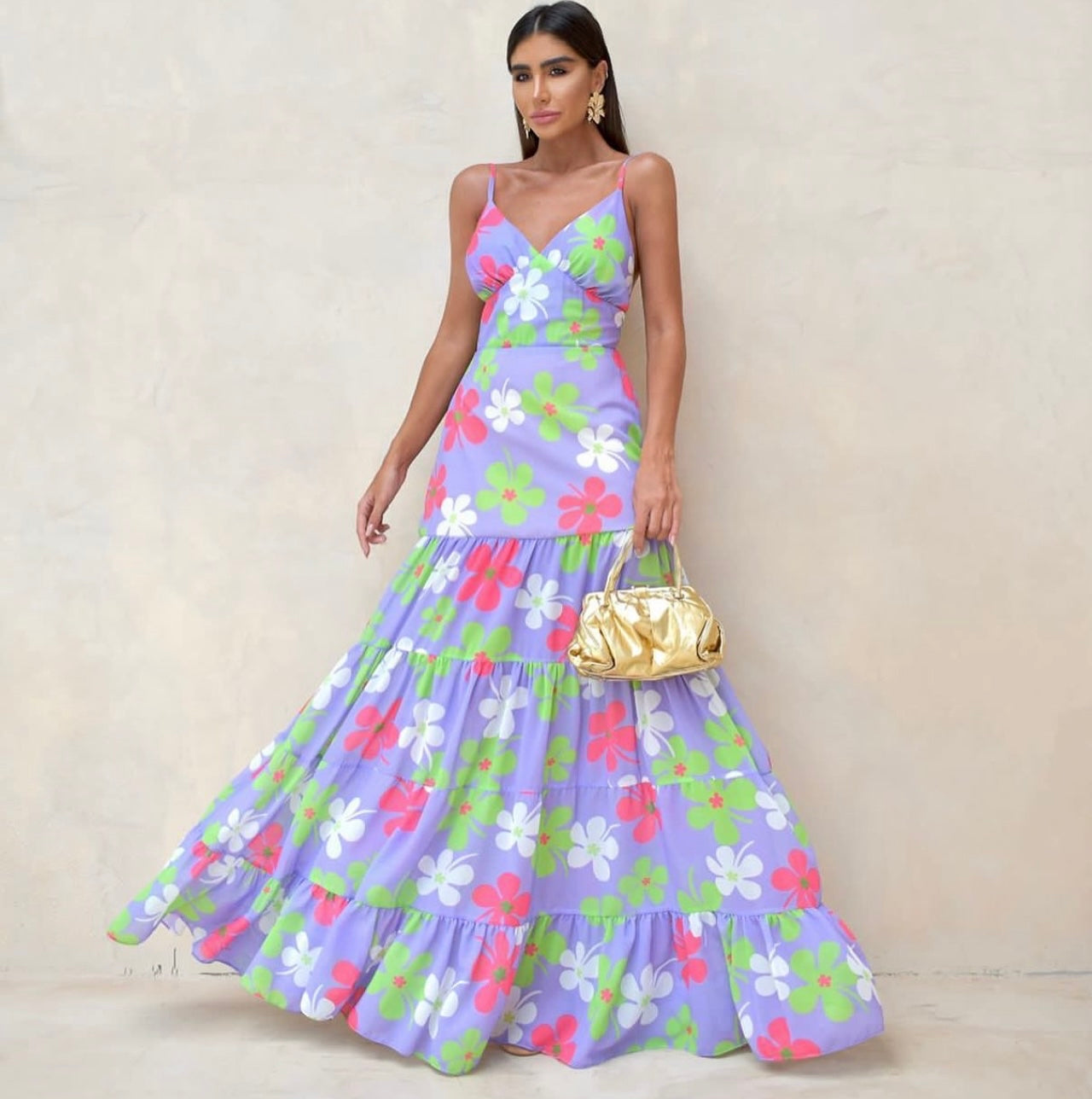 VIVIAN Backless V-Neck Spaghetti Strap Floral Maxi Dress - FINAL DRESS