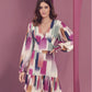 ZOE Abstract Print V-Neckline Bishop Sleeves Tiered Mini Dress - FINAL DRESS