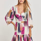 ZOE Abstract Print V-Neckline Bishop Sleeves Tiered Mini Dress - FINAL DRESS